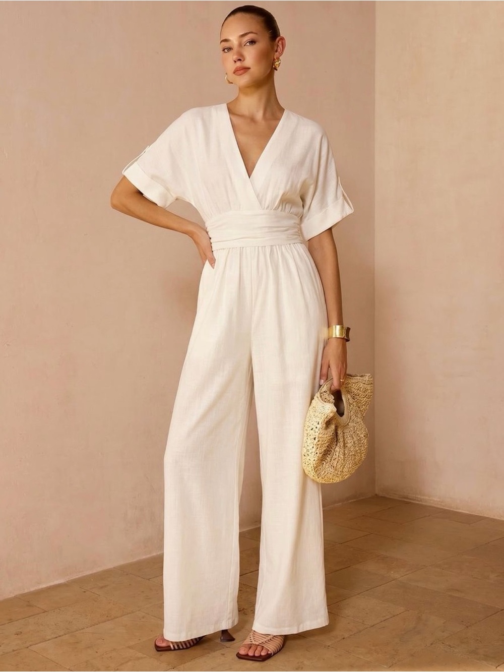 Wide-Leg Cream Jumpsuit with Waist Detail